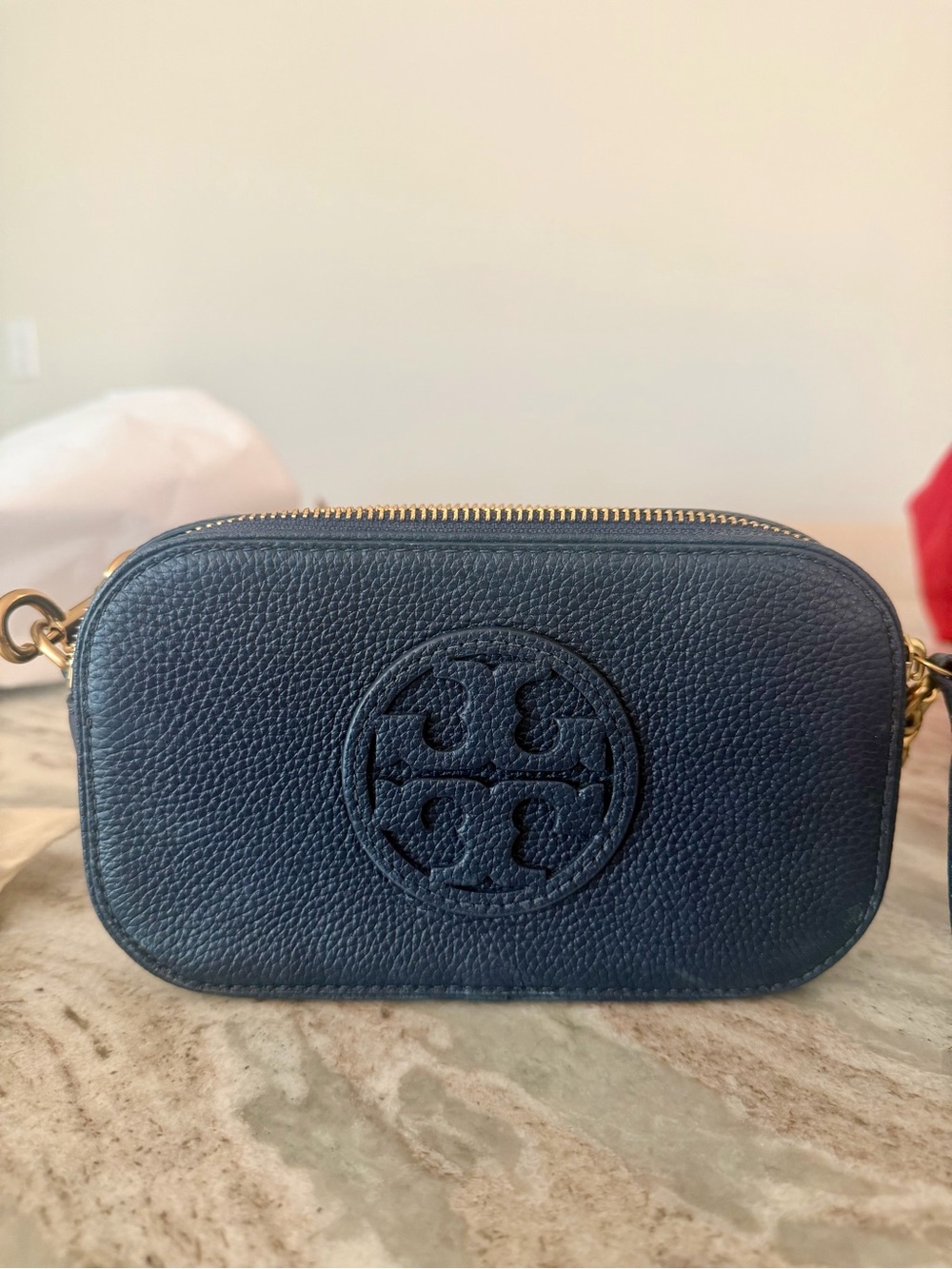 Tory Burch Navy Pebbled Leather Logo Crossbody